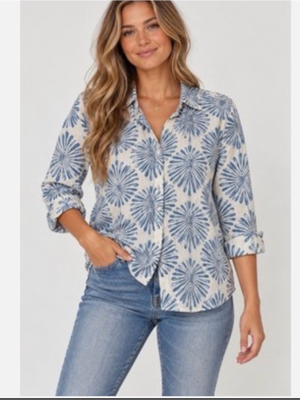 💯 % linen Joie Cream Shirt with Blue Floral Medallion Print